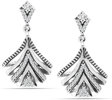 LeCalla 925 Sterling Silver Drop Dangle Earrings | Antique Fan-Shape Zirconia Dangler Earrings for Women 30 MM