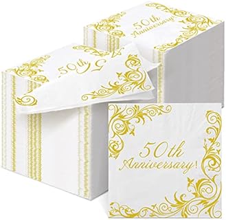 Spiareal 50th Wedding Anniversary Cocktail Napkins in Deluxe Gold, 120 pcs 3-Ply Paper, Held Together Efficiently, with Stylish Floral Design