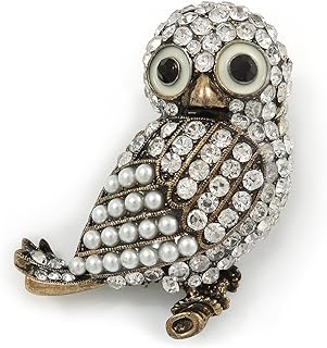 Vintage Inspired Crystal, Simulated Pearl Owl Brooch In Bronze Tone Metal - 50mm L