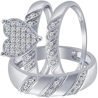 Apple Wedding Ring with White Diamond for His & Her, Round Heart-Shaped 925 Sterling Silver Engagement Trio Set