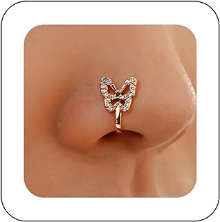 Sttiafay Vintage Rhinestone Butterfly Nose Ring Butterfly Nose Cuff Gold Fake Septum Nose Ring U Shape Clip on Nose Stud Bendable Nose Ring Stud Jewelry Women and Girls