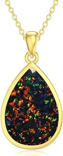 Black Opal Teardop Pendant Necklace, Sterling Silver Dainty October Birthstone Vintage Jewelry Gift for Women