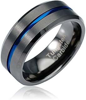 100S JEWELRY Gunmetal Gray Tungsten Wedding Ring for Men and Women, Blue Groove Line Design, Durable Metal Band Size 6-16, No Gemstone, Ideal for Engagement and Promise