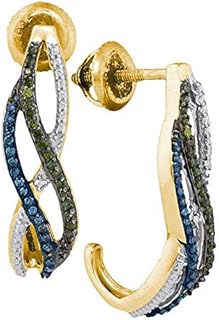 The Diamond Deal 10kt Yellow Gold Womens Round Green Blue Color Enhanced Diamond Half J Hoop Earrings 1/4