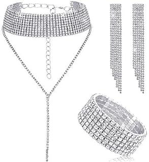 Hicarer Women's Rhinestone Jewelry Set, featuring Lobster Clasp Tassel Choker Necklace, Fringe Bracelet & Crystal Dangle Earrings - Ideal for Weddings and Bridal Parties