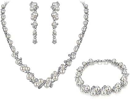 EVER FAITH Simulated Pearl Crystal Bridal Necklace Earrings Bracelet Set Clear