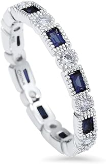 BERRICLE Sterling Silver Art Deco Wedding Rings Simulated Blue Sapphire Milgrain Bezel Set Cubic Zirconia CZ Anniversary Eternity Ring for Women, Rhodium Plated Size 4-10