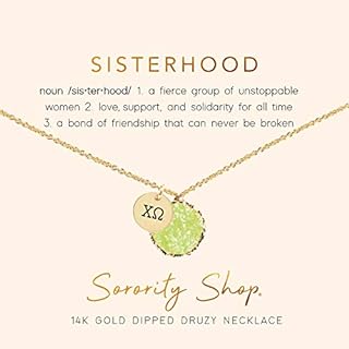 Sorority Shop CO Necklace - Chi Omega Lime Green Druzy Gemstone Necklace With Engraved Pendant – 14K Gold Dipped Jewelry with Lime Green Gemstone – Sorority Gift, Charm Paraphernalia
