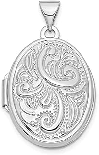 14k White Gold Swirl Design 21mm Oval Photo Locket Pendant Necklace Jewelry for Women