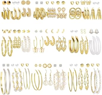 54 Pair Women's Gold Hoop Earring Set - Versatile Zinc Alloy Design with Pearl and Butterfly Embellishments - Ideal Fashion Statement Jewelry Set for Gifting