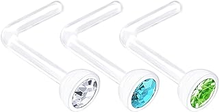 3PCS Bioflex L Shaped Nose Jewelry 20g 0.8mm Flesh Nostril Screw Clear Aquamarine Crystals Stud Piercing Ring - Choose Colors