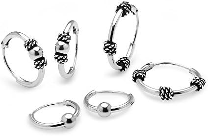 Hoops & Loops 925 Sterling Silver 10mm, 12mm & 14mm Polished Bead, Bali & Bali Bead Endless Hoop Earrings for Women Men, Set of 3 Pairs