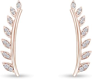 Women's Cubic Zirconia Diamond Cuff Earrings in 14K Rose Gold & Sterling Silver with Push Back and Olive Leaf Design