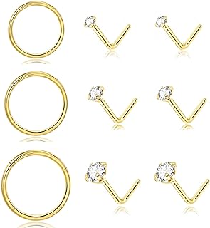 9Pcs 18G 20G Nose Rings Studs: Hinged Hoop Nose Rings for Women Men, Corkscrew Bone L Shaped Nose Studs Hypoallergenic 316L Surgical Steel Nose Piercings Jewelry Small Silver Gold Nose Rings with 1.5/2/3MM Cubic Zirconia