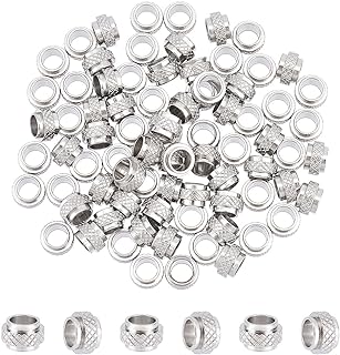 UNICRAFTALE 80Pcs Stainless Steel European Beads Metal Large Hole Spacer Beads Rondelle with Patterned Beads Loose Slider Stopper Beads for DIY Bracelet Jewelry Making Hole 7mm