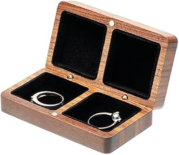 Magnetic Walnut Wood Double Wedding Ring Box by COSISO - Vintage Rectangular Design with Black Inner for Rings and Jewelry - Portable Keepsake for Couples