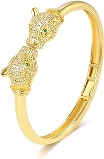 Lobster Claw Clasp 18K Gold Plated Brass Bangle Bracelet with Box Chain and Cubic Zirconia Accent for Women and Girls - Panther & Leopard Double-Head Design