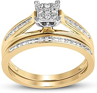 Jewelili 10K Yellow Gold Square Center 1/6 Cttw Natural White Round Diamond Bridal Ring