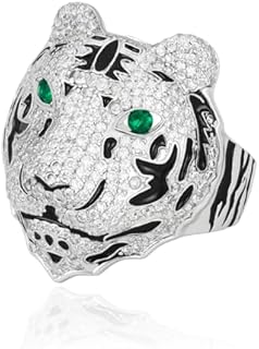 White Gold Tiger Head Ring for Men Vintage Cool Punk Rings, Ice Out Diamond Hip Hop Jewelry, Statement Ring Gift for Men