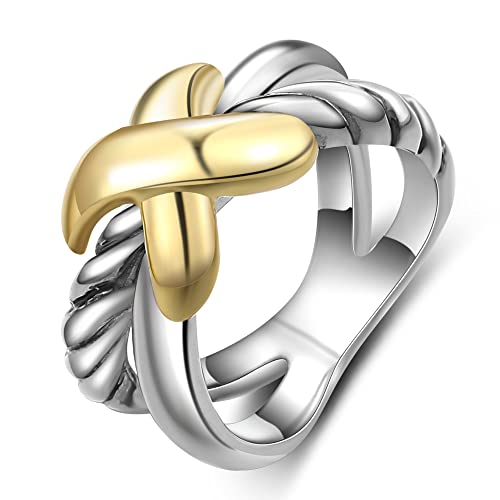 Gold and Silver Cross Rings for Women, Fashion Statement Ring X Knot Band Chunky Twisted Cable Wire Ring Jewelry Gifts for Her