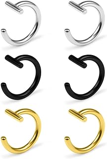 Ruifan 14G T Shaped Stainless Steel Gothic Clip on Non piercing Double Fake Cuff Lip Nose Ring Septum Hoop Women Girls Men 6pcs
