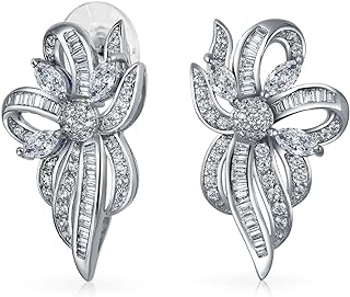 Vintage Victorian Holiday Style Cocktail Wedding Bridal Clear Blue Ribbon baguette Cubic Zirconia CZ Bow Drop Stud Earrings For Women Silver Plated