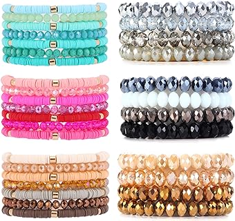 33Pcs Fashion Bohemian Multi-Layer Beaded Stacking Statement Bracelets for Women Versatile Strand Stretch Sparkly Crystal Beads Heishi Bracelet Wrap Bangle Jewelry Set