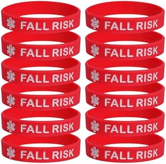 "FALL RISK" Silicone Medical Alert Bracelets with Rope Chain Design - 12 Pack Red ID Bands for Adult Safety