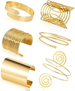 6Pcs Gold Arm Cuff - Upper Arm Cuff Bangle Bracelet Set Adjustable Minimalist Simple Coil Bangle Wide Wire Grooved Cuff Open Arm Band Cuff Armlet Armlet Armband Bracelets for Women Girls