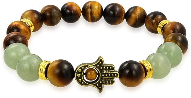 Unisex Talisman Amulet Stackable Bracelet with Serpentine Jade Beads, Gold-Plated, Hamsa Hand Design - A Symbol of Wellness & Prosperity