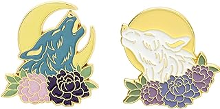 Unisex Alloy Howling Wolf and Crescent Moon Enamel Brooch Pin Set, 2Pcs - Versatile Collar, Bag, or Lapel Pin with Secure Pin Clasp - Ideal Unique Gift