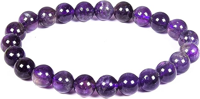 Amethyst Stone Crystal Bracelet Natural Healing Stone Bracelet Gemstone Bracelet for Men & Women , Color Purple, Bead Size 8 mm, By REBUY