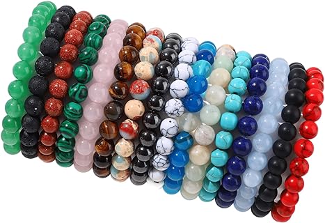 Unisex 16-Piece Stretch Bracelet Set with Semi-Precious Stones & Spring Ring Clasp - 8mm Round Beads for Stress Relief & Yoga, Perfect Gift