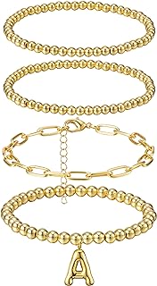Y1tvei Gold Beaded Initial Bracelets - 5Pcs 14K Real Gold Plated Stretch for Women Dainty A-Z Alphabet Charms Bracelet Stackable Bubble Letter Bead Ball Adjustable Chains Personalized Jewelry Gifts