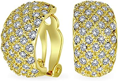 Fashion Bridal Wedding 3 Row Pave Crystal Dome Endless Hinged Huggie Hoop Clip On Earrings For Women Non Pierced Ears Yellow Gold Silver Plated