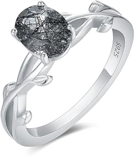 Black Wedding Rings for Women 1.5 Carats Oval Cut Natural Black Rutilated Quartz Engagement Rings for Women Leaf Shaped Platinum Plated 925 Silver Ring Promise Ring for Women