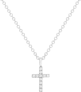 Solid 14K Gold, White or Rose Gold Necklace Small Tiny 0.04 cttw Natural Diamond Cross Pendant Necklace (14, 16, 18, 20 Inches)