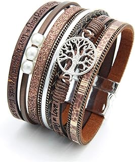 Women's Alloy-Leather Wrap Bracelet, Multi-Layered with Tree of Life Emblem and Magnetic Clasp, Box Chain Design