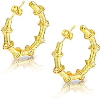 Lightweight Gold Plated Chunky Hoop Earrings for Women, Surgical Steel Coil Spring Bamboo Hoop, Twist Mesh Open Hoop, Hypoallergenic Piercing Hoop Earrings