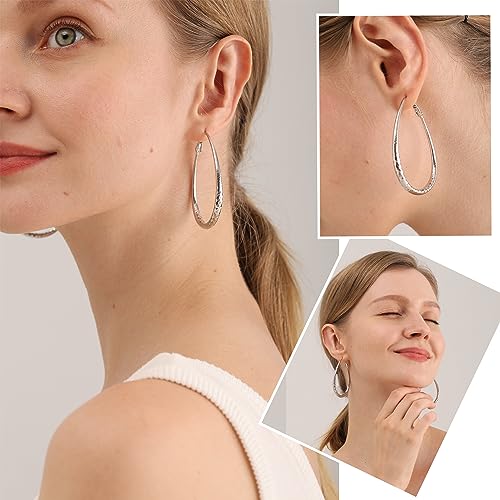 Sterling Silver Hoop Earrings,Oval Gold Hoop Earrings for Women Hypoallergenic Big Teardrop Hoop Earrings Diamond-Cut Large Gold Chunky Hoops for Girls 925 Sterling Silver Earrings 55/75/85mm