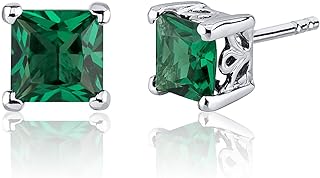 Peora Simulated Emerald Stud Earrings 925 Sterling Silver, Solitaire Scroll Gallery, 2 Carats Total Princess Cut 6mm, Friction Back