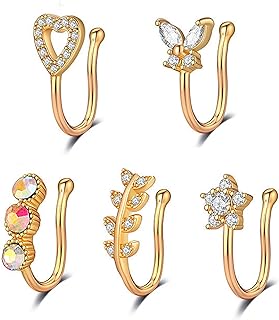 GIVUFUN 5 Pcs Women Fake Nose Rings Multiple Styles Cubic Zirconia Non Piercing Nose Cuff