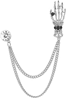 Vintage Skeleton Hand Long Chain Brooch Pin,Gothic Punk Skeleton Hand Long Tassel Lapel Pin Hip Hop Skeleton Suit Pin Jewelry for Women Men