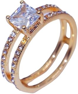 Women's 14K Gold Plated Double Diamond Crown Ring Solitaire Princess CZ Engagement Rings Wedding Band Guard Enhancer Double Ring Open-Space Ring