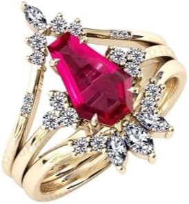 Vintage Coffin Shaped Ruby Engagement Ring Set 2.00 CT Art Deco 14k Gold Ruby Wedding Ring Set Antique Ruby Bridal Promise Rings Set For Her