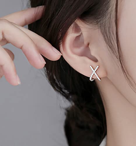 Solid 925 Sterling Silver CZ Cuff Piercing Stud Earrings Wraps for Women Girls X Criss Cross Cuff Earrings Huggie Hoops