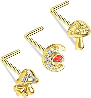 OUFER 20G Nose Studs, 316L Stainless Steel Gold Nose Rings L-Shaped Mushroom Elements Paved Clear CZ Nose Piercing Jewelry For Women