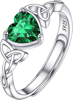 PROSILVER Bague Émeraude Celtique Femme en Argent 925, Taille Ajustable, avec Serti de Pierre de Naissance en Zircon Cubique, Idéale comme Cadeau d'Anniversaire ou pour les Occasions Spéciales