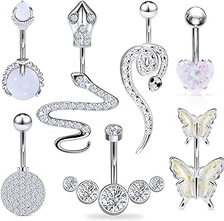 Cubic-Zirconia Embellished Stainless Steel Belly Button Rings for Women, Hypoallergenic Surgical Steel Body Piercing Jewelry, Set of 7 Comfortable and Stylish Belly Rings