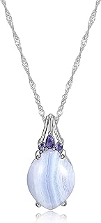 MORGAN & PAIGE .925 Sterling Silver Genuine Blue Lace Agate and Iolite 1" Oval Pendant Necklace on 18" Box Chain